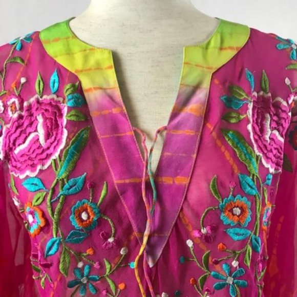 NWT Tashia London Silk Pullover V-neck Sheer Poncho with Embroidery Size M - Picture 7 of 14